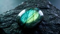 Polished labradorite gemstone with brilliant green and blue flash on dark textured rock surface. Natural mineral specimen for jewelry making and crystal healing.