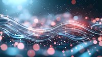 Glowing wavy lines with blue and coral bokeh effects on dark background create magical flowing energy pattern. Elegant abstract design for presentations.