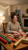Happy young Caucasian woman in cozy sweater wrapping Christmas gifts at home with festive decorations and twinkling lights in warm living room atmosphere.
