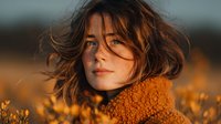 Young woman with flowing brown hair in orange knit sweater standing in golden wildflower field during warm sunset light creating dreamy atmospheric portrait.