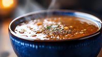 Steaming bowl of hearty soup or broth with herbs and spices, perfect for food photography, restaurant menus, cooking blogs, and wellness content.