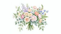 Watercolor floral bouquet with roses, eucalyptus and wildflowers in pastel colors isolated on white background for wedding invitations and greeting cards.
