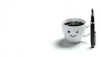 Cute white coffee cup with winking smiley face next to fountain pen on clean background for morning motivation and creative writing concepts.