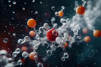 Abstract molecular structure with colorful orange and red spheres connected by transparent bonds against dark background with bokeh effect.