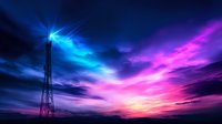 Dramatic sunset sky with electric transmission tower silhouette against vibrant pink and blue clouds, creating atmospheric dusk landscape for backgrounds.
