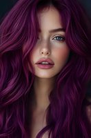 Young woman with vibrant purple hair, blue eyes, and freckles against dark background. Striking beauty portrait for hair color advertising or fashion editorial.