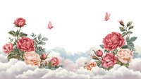 Romantic floral border with pink and peach roses, delicate butterflies floating among dreamy clouds, soft watercolor style composition on white background.