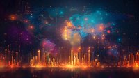 Futuristic global network visualization with glowing orange city skyline and world map overlay, perfect for technology and connectivity concepts in business presentations.