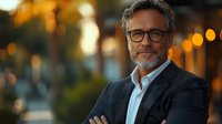 Confident mature businessman with gray hair and glasses in dark blazer smiling at sunset with warm bokeh city lights background, professional corporate portrait.