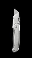 Utility knife with retractable blade, gray and silver handle, isolated on transparent background. Ready for design use on t-shirts, clipart, stickers, and print-on-demand products.