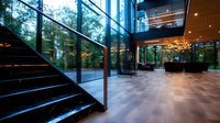 Modern luxury office lobby with glass walls, wooden ceiling, and illuminated staircase reflecting forest views for corporate architecture.