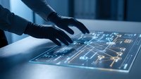 Hands interacting with futuristic holographic interface displaying digital data analytics and network connections on modern touchscreen technology.
