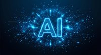 Artificial intelligence concept with glowing blue AI letters surrounded by digital network connections and light effects on dark background.