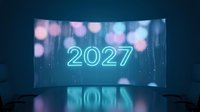 Futuristic neon 2027 number display on curved screen with colorful bokeh lights and digital rain effects for technology presentations.