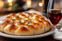 Golden braided challah bread with sesame seeds on white plate paired with red wine glass creating warm dining atmosphere for holidays and celebrations.