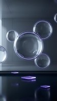 Transparent glass spheres with glowing neon purple edges floating above illuminated platforms in a dark futuristic environment. Suitable for tech, science, and modern design projects.