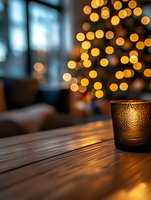 Glowing candle holder on wooden table with blurred Christmas tree lights creating magical bokeh effect in background, cozy evening atmosphere.