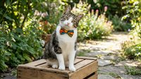 Tabby and white cat wearing red and orange bow tie sitting on wooden platform in garden surrounded by green foliage and plants.