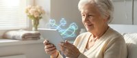 Senior woman with white hair and glasses using smartphone with digital health icons floating above device in bright modern living room.