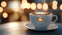 White coffee cup with heart decoration filled with cappuccino on wooden table against blurred warm bokeh lights background, romantic cafe atmosphere.
