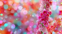 Pink foxglove flowers with water drops against blurred colorful bokeh background in soft focus, magical spring garden atmosphere with morning dew and sparkling lights.