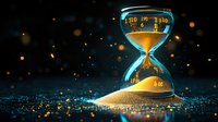 Glowing hourglass with flowing golden sand against dark background with magical sparkles and light particles creating mystical atmosphere for time concept designs.