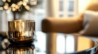 Glowing amber glass candle holder on reflective surface with soft bokeh lights in background creates cozy atmospheric mood for holiday and home decor styling.