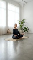 Mature Caucasian woman practicing yoga meditation in lotus pose on mat in bright minimalist living room with plants for wellness and mindfulness.