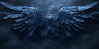 Mystical dark blue angel wings spread wide against night sky background with glowing particles, creating dramatic ethereal atmosphere. Perfect for fantasy designs.