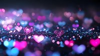 Glowing pink and blue heart shaped bokeh lights creating romantic atmosphere on dark background, soft focus magical sparkles for Valentine's day designs.