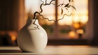 White ceramic vase with delicate branch on wooden surface near window with warm golden sunset light creating cozy home interior atmosphere.