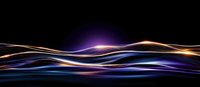 Glowing wavy lines in orange and purple colors creating dynamic light trails against dark background. Abstract design element for modern tech presentations.