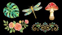 Watercolor botanical clipart set with monstera leaf, dragonfly, mushroom, roses, and ornament, isolated on transparent background, ready for stickers, sublimation, and t-shirt design.