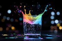Colorful liquid splash erupting from glass with rainbow gradient colors against dark bokeh background for creative beverage and party concepts.