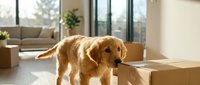 Golden retriever exploring cardboard moving boxes in bright modern apartment with large windows and contemporary furniture during relocation.
