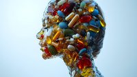 Silhouette profile made of colorful prescription pills and medication capsules against light background highlighting pharmaceutical industry and medication dependence.