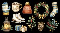 Festive winter holiday collection featuring isolated seasonal elements including knit mittens, ceramic mug, beanie hat, wreath, striped socks, lantern, ice skates, wrapped gifts, pinecones, and botanical sprigs on transparent background. Ready for t-shirt designs, clipart, stickers, sublimation, and print-on-demand projects.