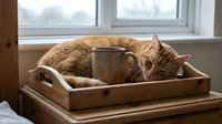 Ginger tabby cat resting in wooden tray with metal mug by window, cozy indoor scene for home decor and pet lifestyle content.