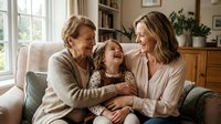 Three generations of Caucasian women sharing joyful laughter on a cozy sofa, grandmother, mother and young girl bonding at home.