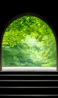 Arched window frame overlooking lush green foliage and sunlit garden, creating serene natural view with stone steps in foreground. Peaceful spring atmosphere.