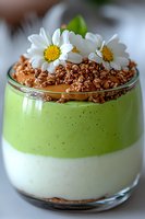 Layered dessert with matcha green tea mousse, vanilla cream, chocolate crumble topping and fresh daisy flowers in glass, close up view of gourmet sweet treat.