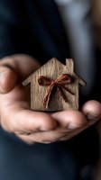 Small wooden house shape with red twine bow held gently in cupped hands against dark background, symbolizing home ownership, gift, or real estate concept.