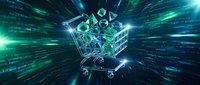 Digital shopping cart filled with glowing circuit boards and technology components with dynamic light rays and motion blur effects for e-commerce concepts.