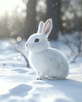 White fluffy bunny sitting in fresh snow with magical winter bokeh background and falling snowflakes creating dreamy seasonal atmosphere.