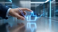 Businessman hand touching glowing thumbs up icon in modern server room, representing digital approval, customer satisfaction, and technology innovation in data center environment.