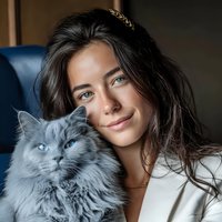 Young brunette woman with golden headband smiling while holding fluffy gray cat in cozy indoor setting for lifestyle and pet companionship concepts.