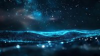Futuristic digital landscape with glowing blue particle wave formation under starry night sky, creating an abstract technological terrain.