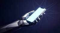 Low poly robotic hand holding smartphone with glowing screen and network connections on dark background for technology and AI concepts.
