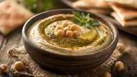 Creamy homemade hummus in rustic wooden bowl with chickpeas, olive oil, and herbs on wooden table, served with flatbread for dipping.
