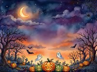 Spooky night scene with glowing jack-o-lanterns, ghostly figures, bare trees, and crescent moon in starry sky. Halloween artwork for seasonal designs and decorations.